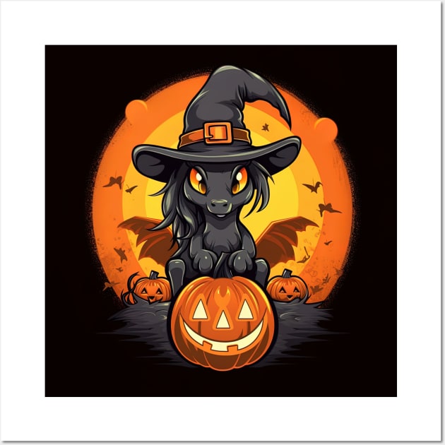 black witch pony with pumpkins on black background Wall Art by Maverick Media